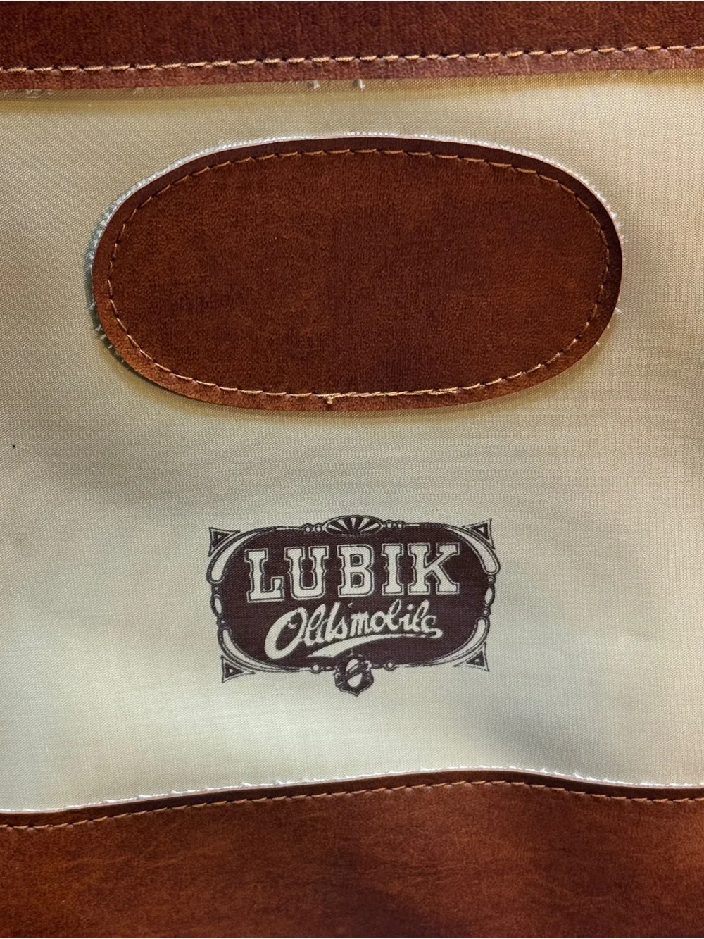 Vintage Mr. Roberts Designer Luggage bag cream brown vinyl Lubik Oldsmobile Logo